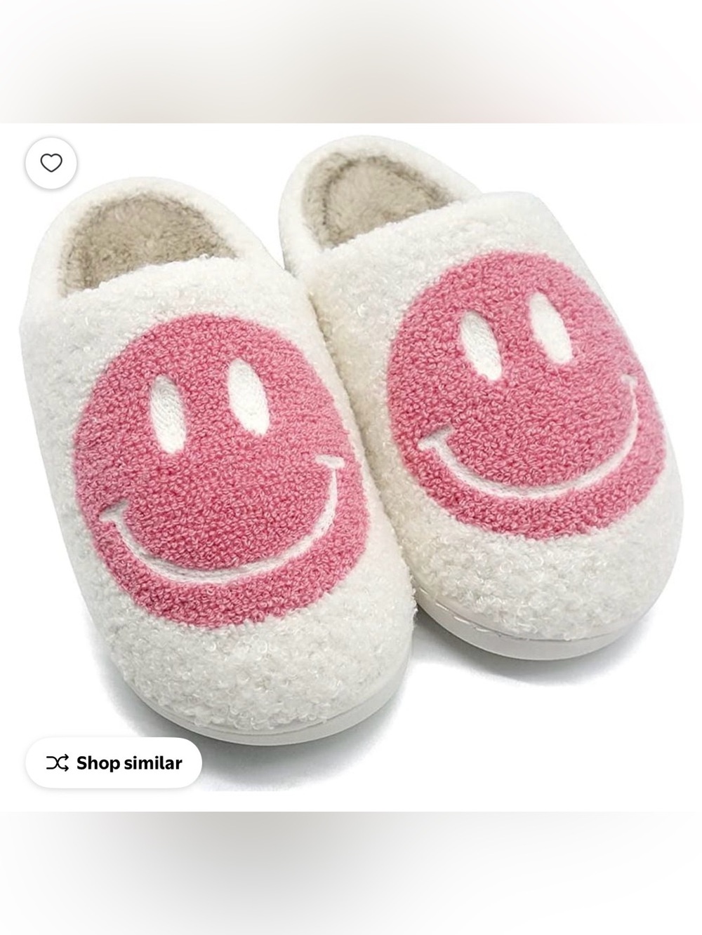 2 for $10 sale: white, plush slip on house slippers pink smiley face:  W8